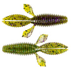 Lemon-yellow speckled ribbed soft plastic worm baits with fin-like tail, two pieces