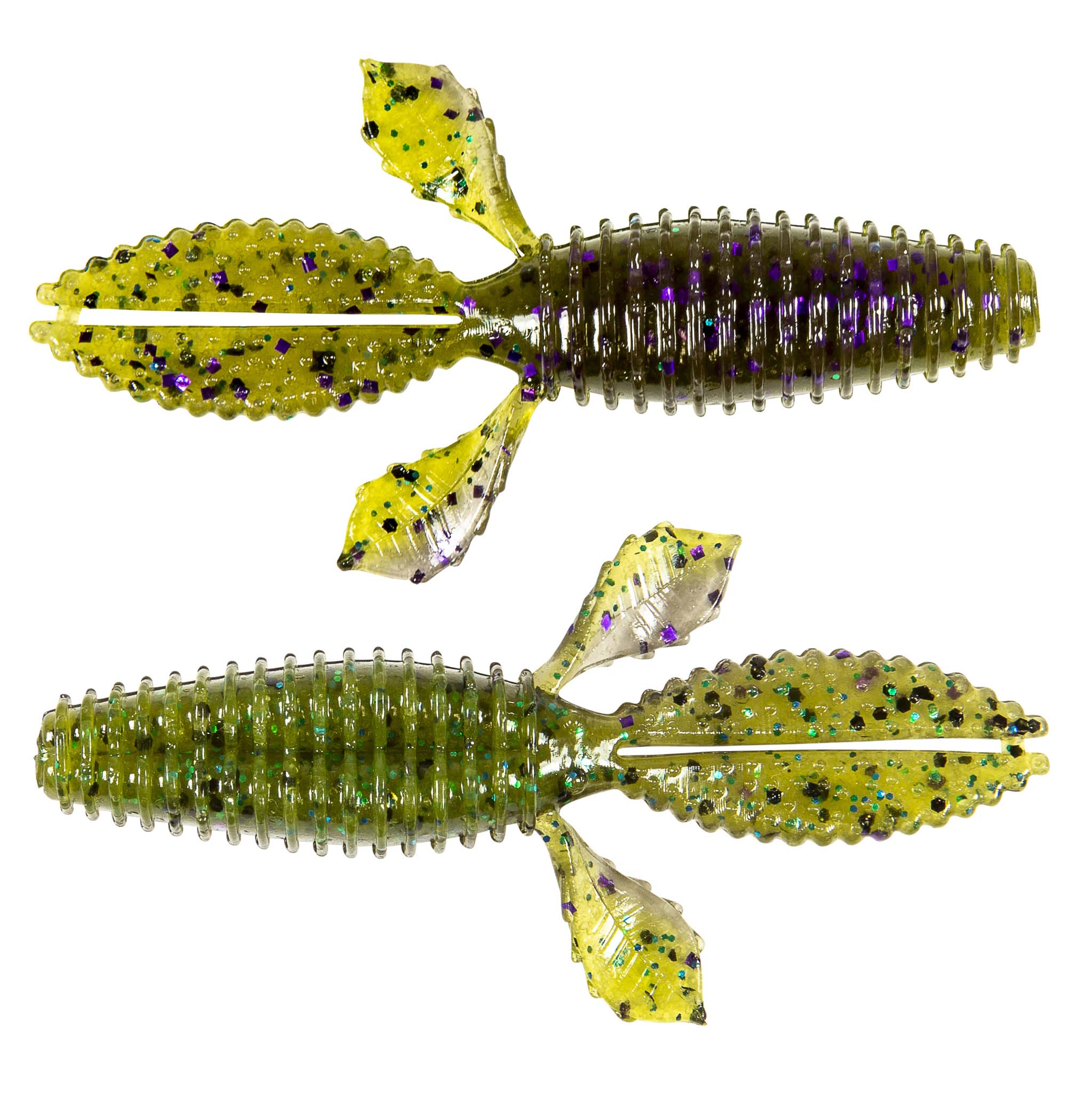 Lemon-yellow speckled ribbed soft plastic worm baits with fin-like tail, two pieces