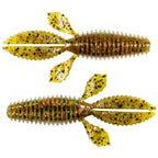 Soft plastic fishing bait, chartreuse with black speckles and a ribbed segmented body