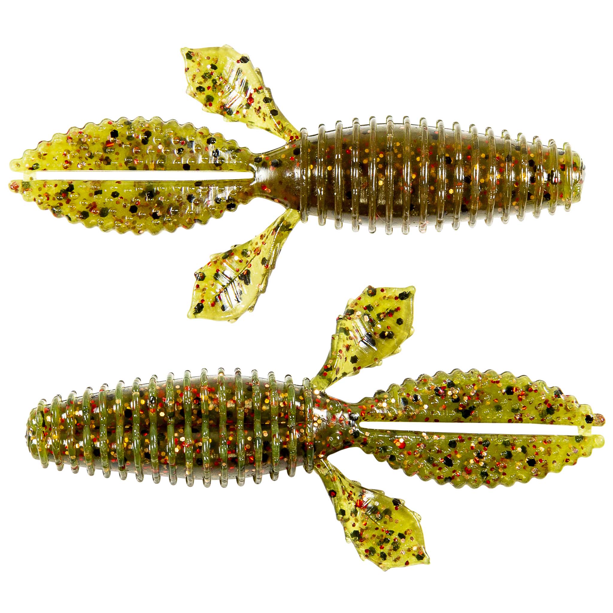 Soft plastic fishing bait, chartreuse with black speckles and a ribbed segmented body