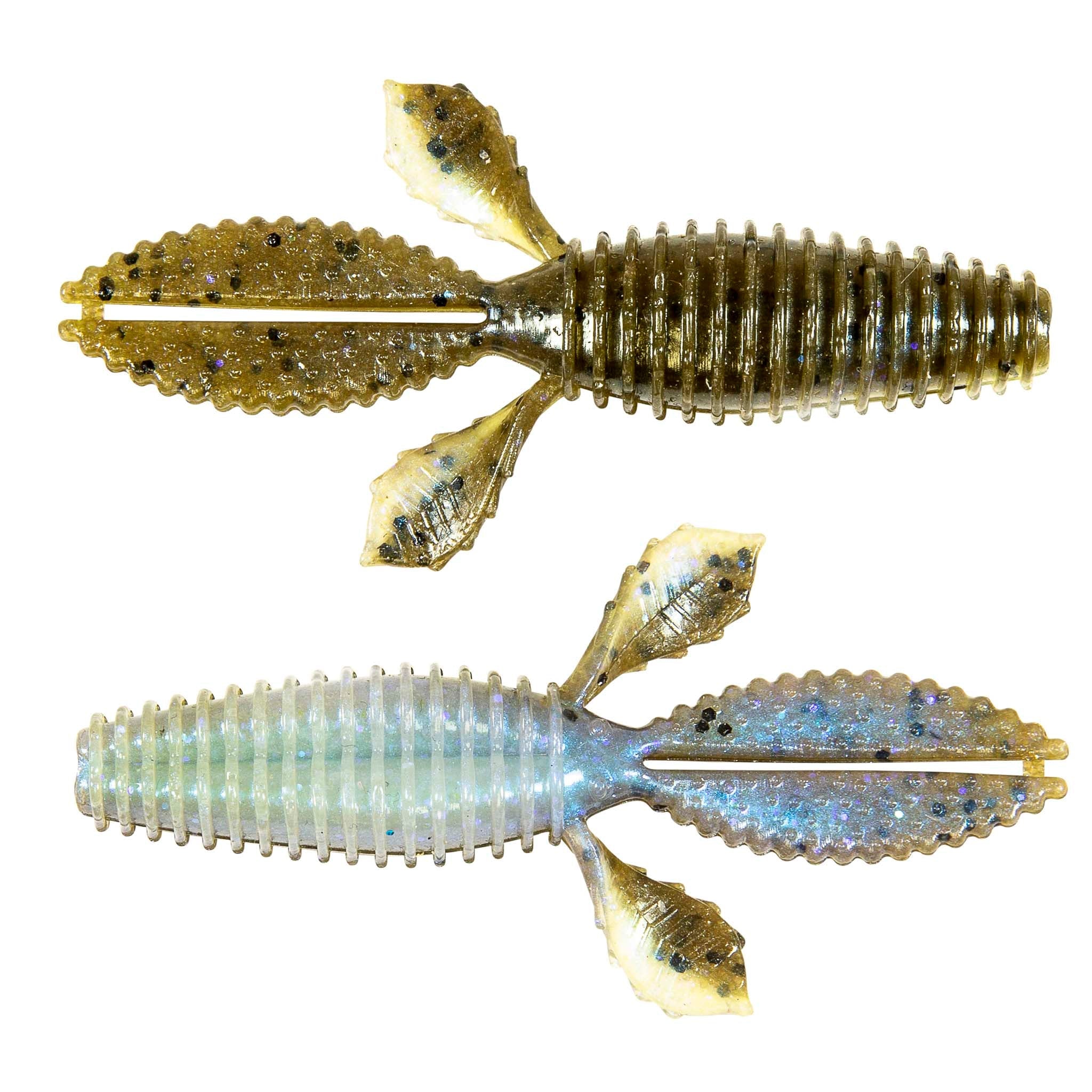 Olive-brown speckled and light blue speckled ribbed soft plastic worm baits, two pieces