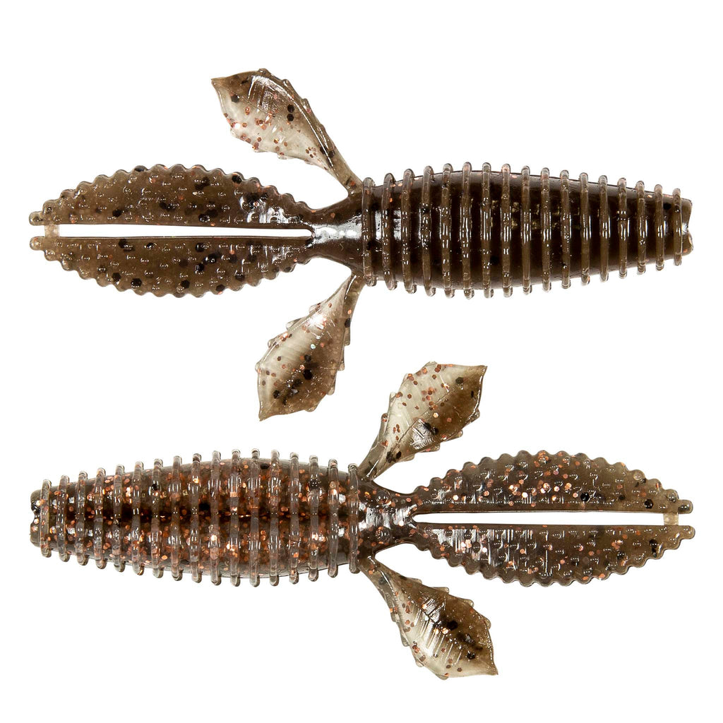 Soft plastic fishing bait, dark brown translucent with speckles and ribbed segmented body