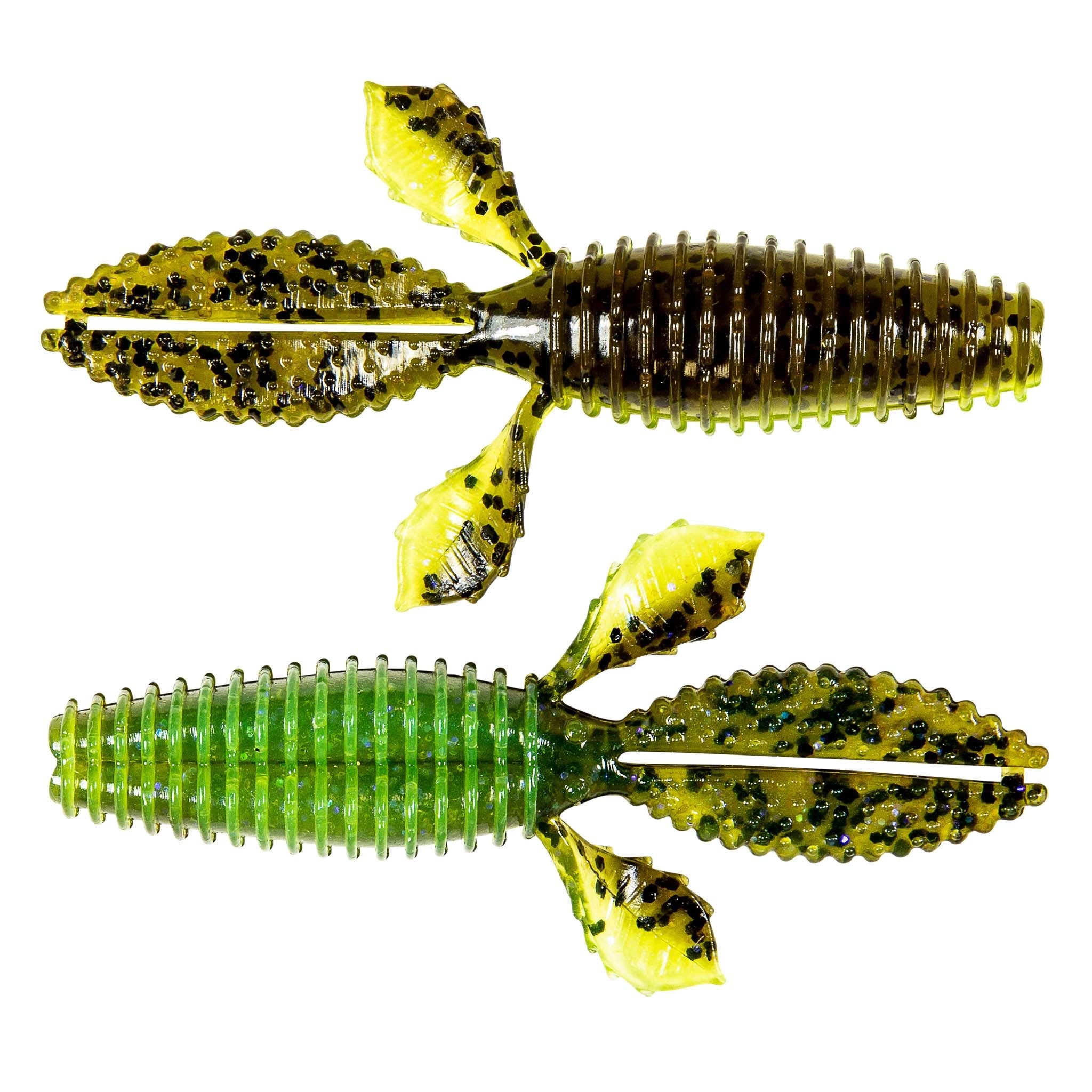 Green-yellow speckled ribbed soft plastic worm bait with fin-like tail, two pieces