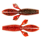 Soft plastic fishing bait, bright red glitter with speckled tail and ribbed segmented body