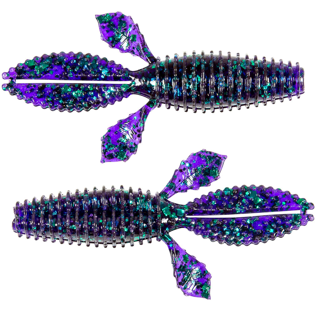 Soft plastic fishing bait, iridescent purple glitter with speckled detail and ribbed body