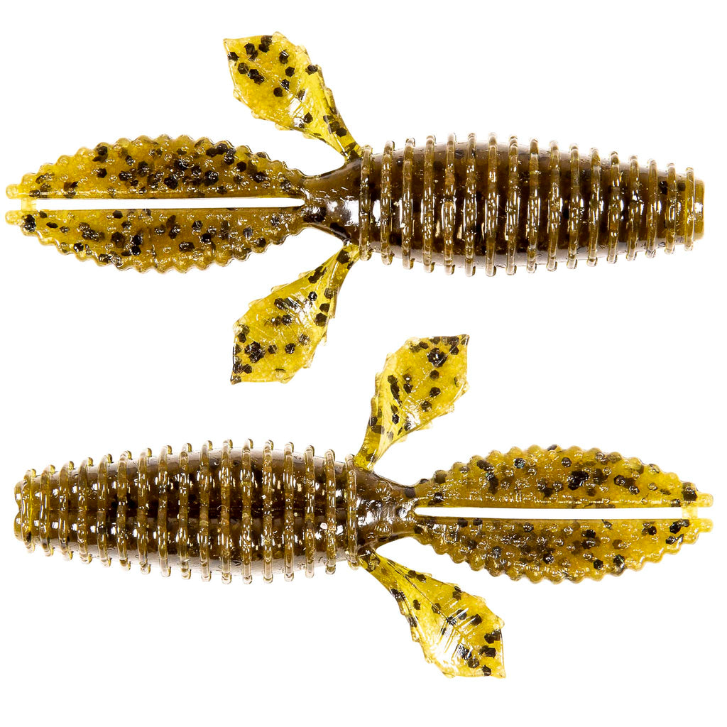 Soft plastic fishing bait, golden yellow with dark speckles and ribbed segmented body