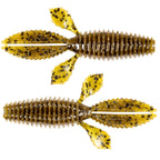 Soft plastic fishing bait, golden yellow with dark speckles and ribbed segmented body