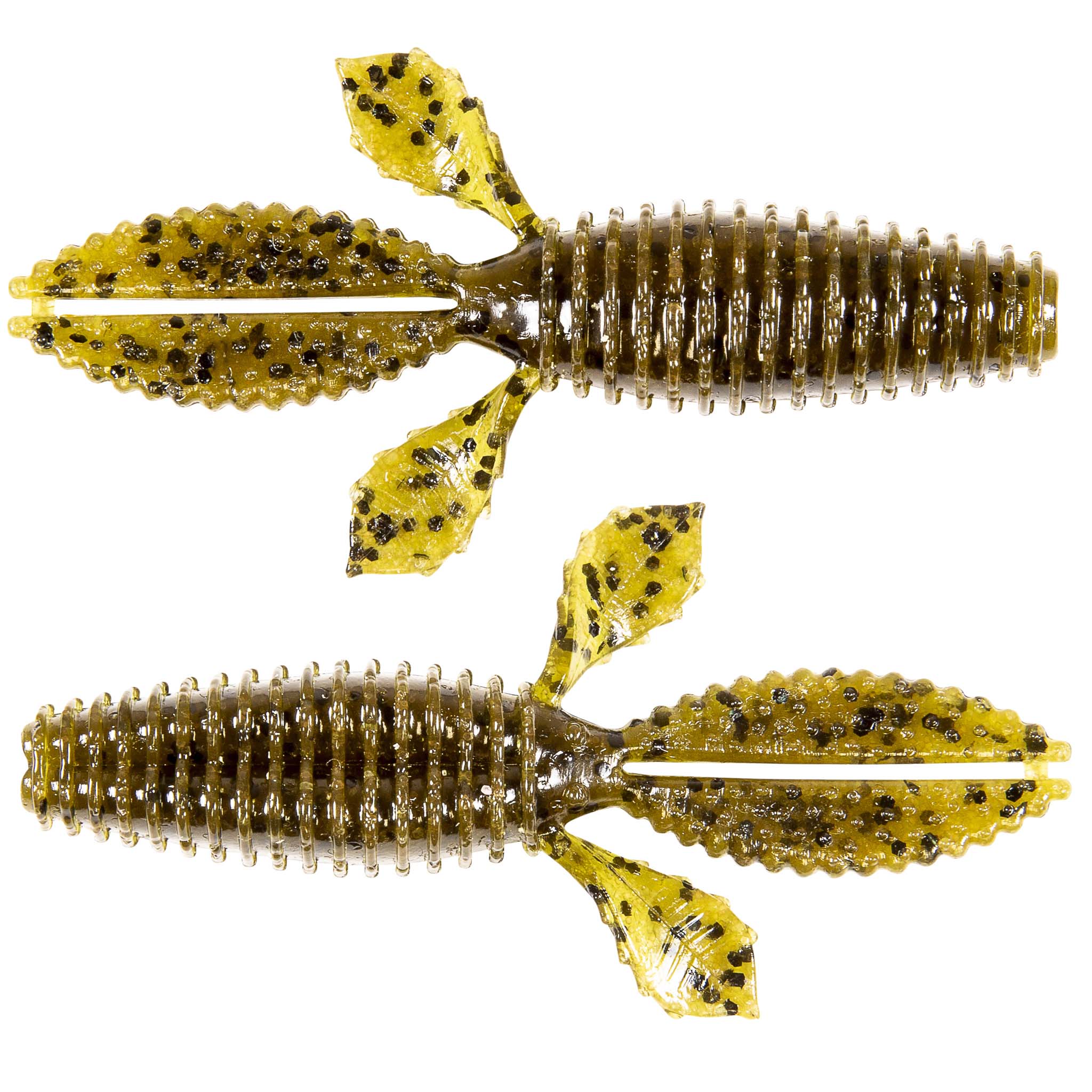Soft plastic fishing bait, golden yellow with dark speckles and ribbed segmented body
