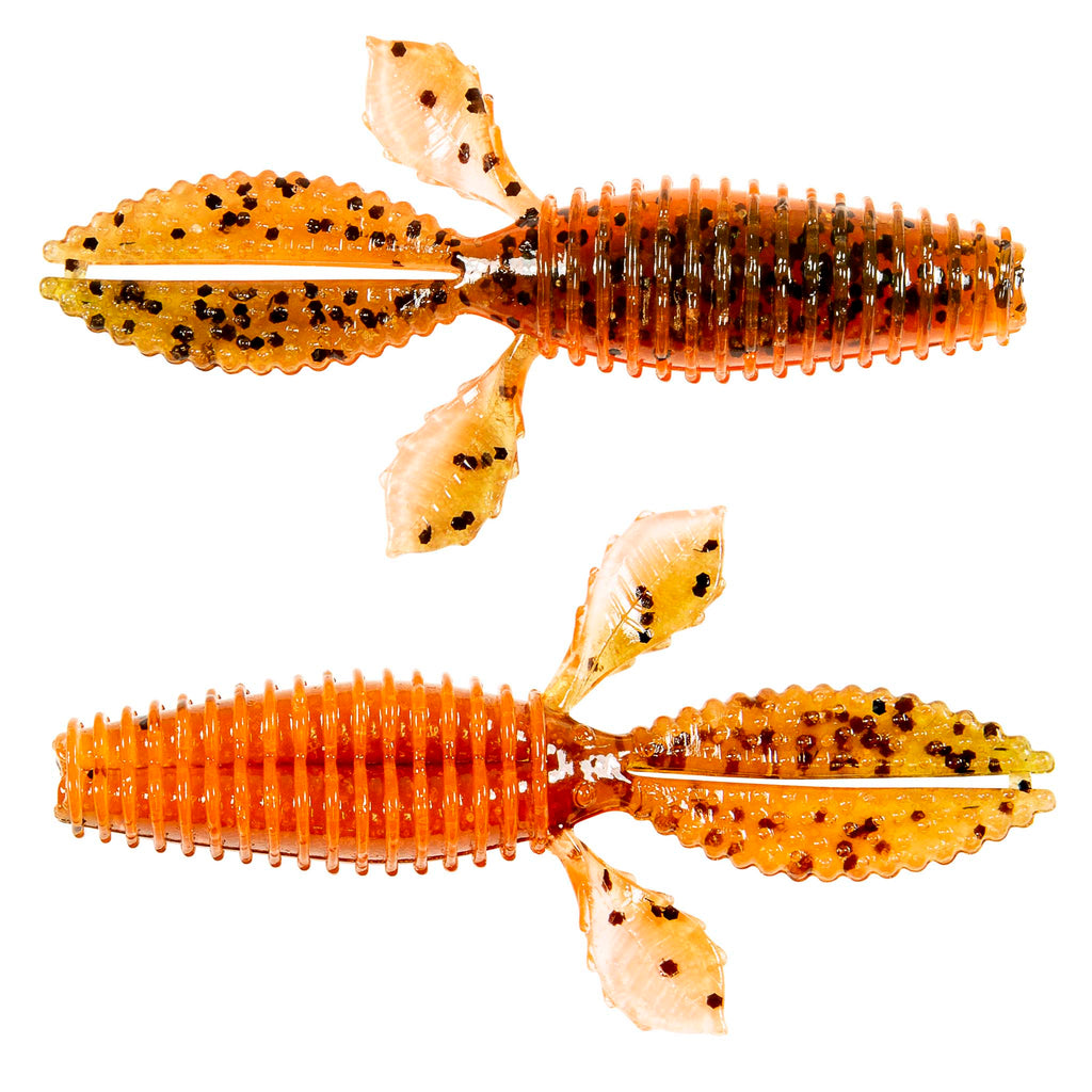 Soft plastic fishing bait, translucent orange with black speckles and ribbed segmented body