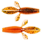 Soft plastic fishing bait, translucent orange with black speckles and ribbed segmented body