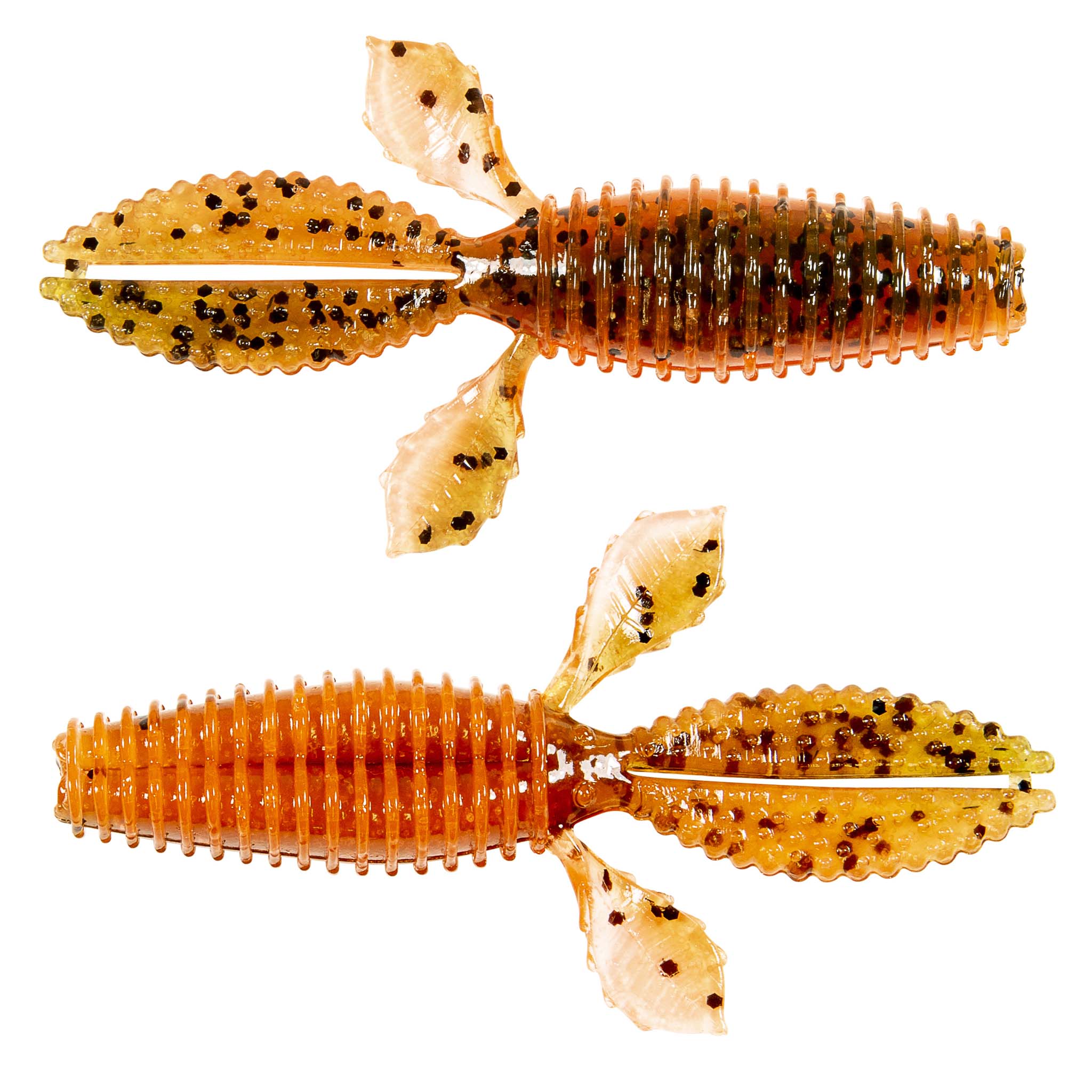 Soft plastic fishing bait, translucent orange with black speckles and ribbed segmented body
