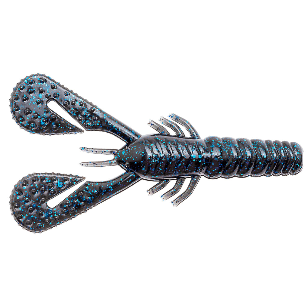 Turbo CrawZ soft plastic craw bait, blue glitter body with twin spread spade claws