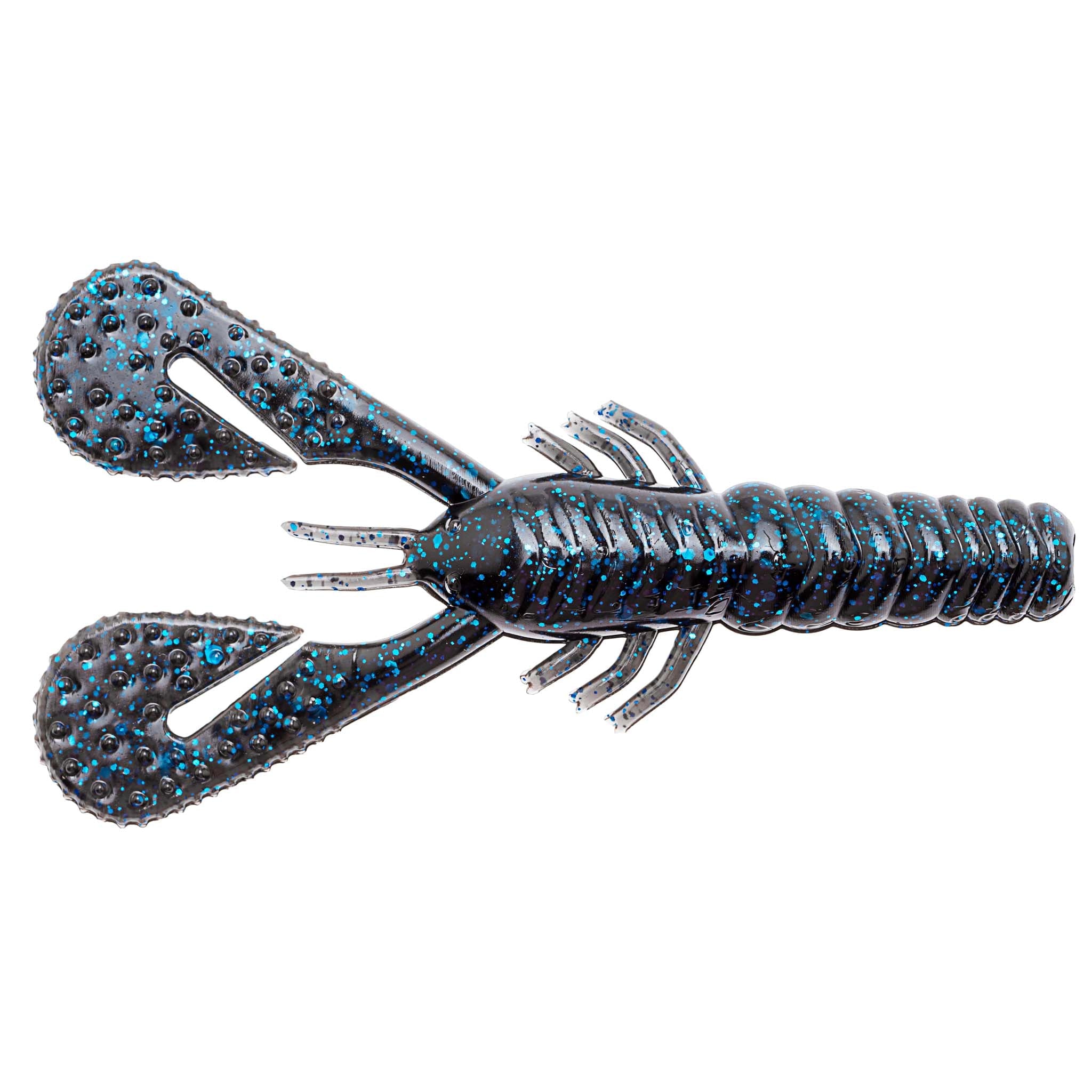 Turbo CrawZ soft plastic craw bait, blue glitter body with twin spread spade claws