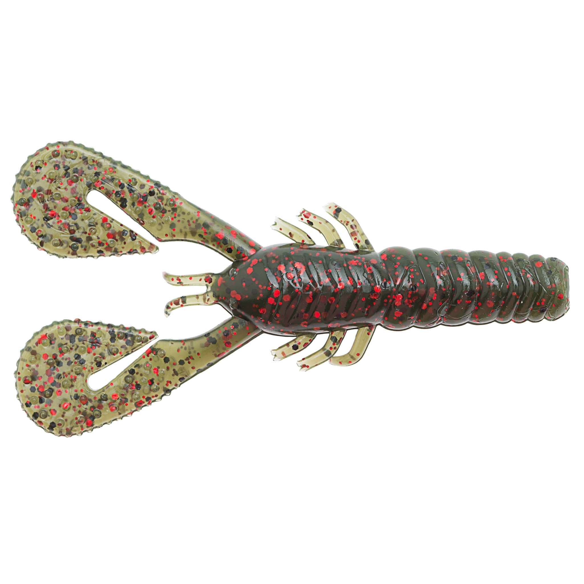 Turbo CrawZ soft plastic craw bait, dark red glitter body with green-speckled claws