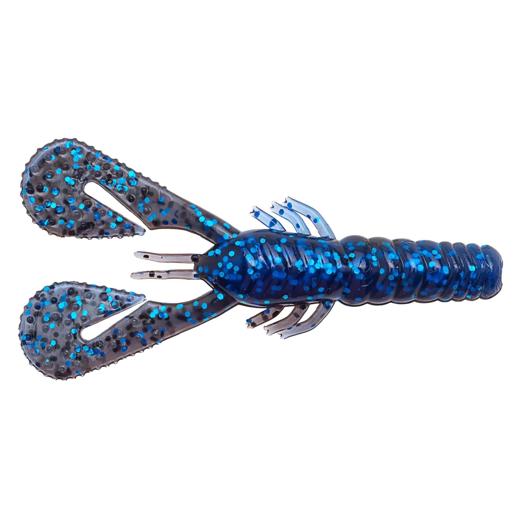 Turbo CrawZ soft plastic craw bait, bright blue glitter body with wide spade claws