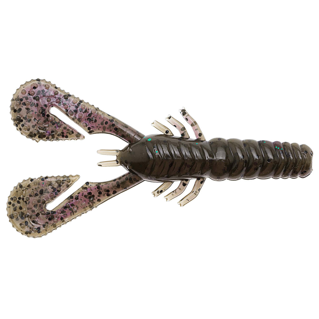 Turbo CrawZ soft plastic craw bait, dark smoky body with mauve-purple speckled claws
