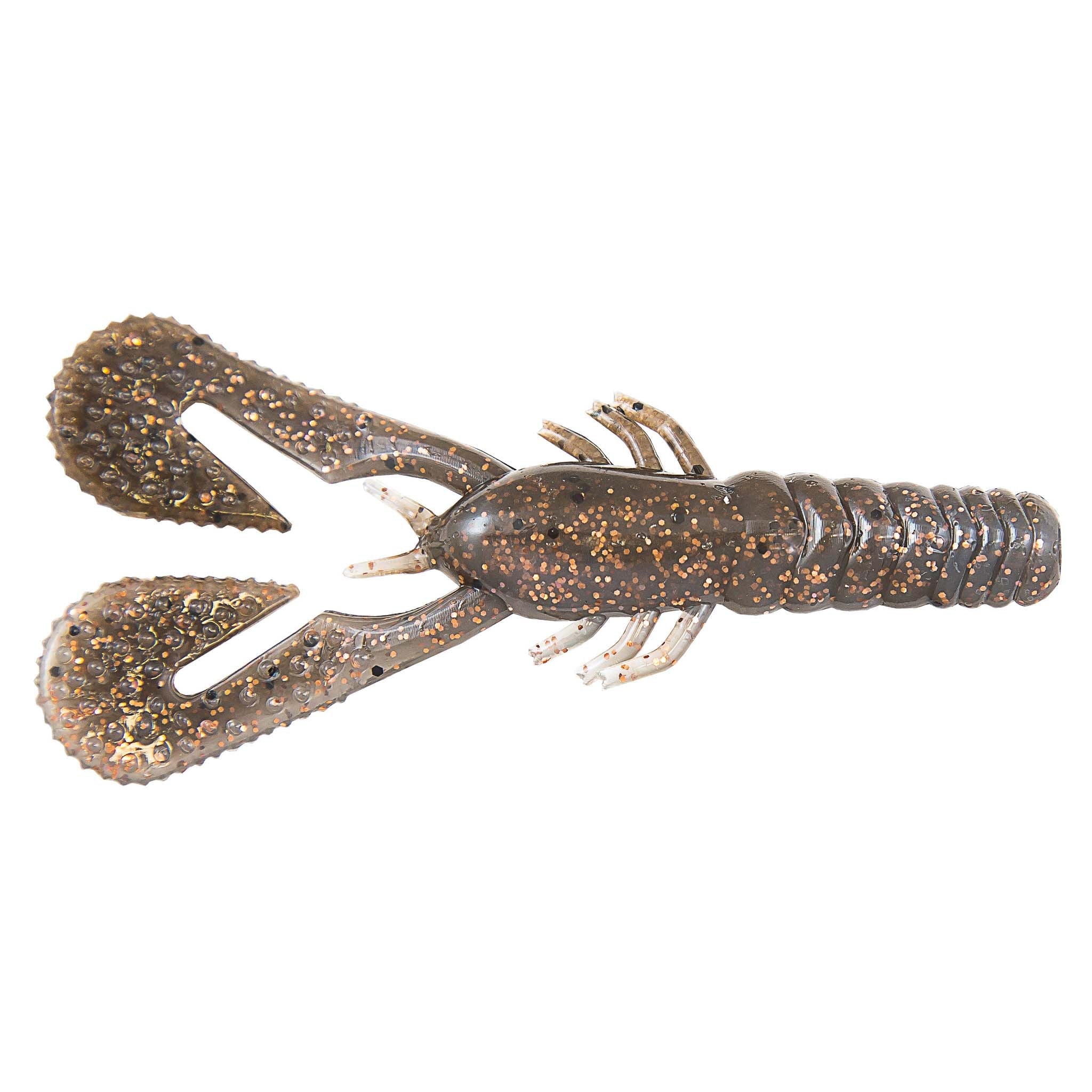 Turbo CrawZ soft plastic craw bait, dark brown glitter body with amber-orange speckled claws