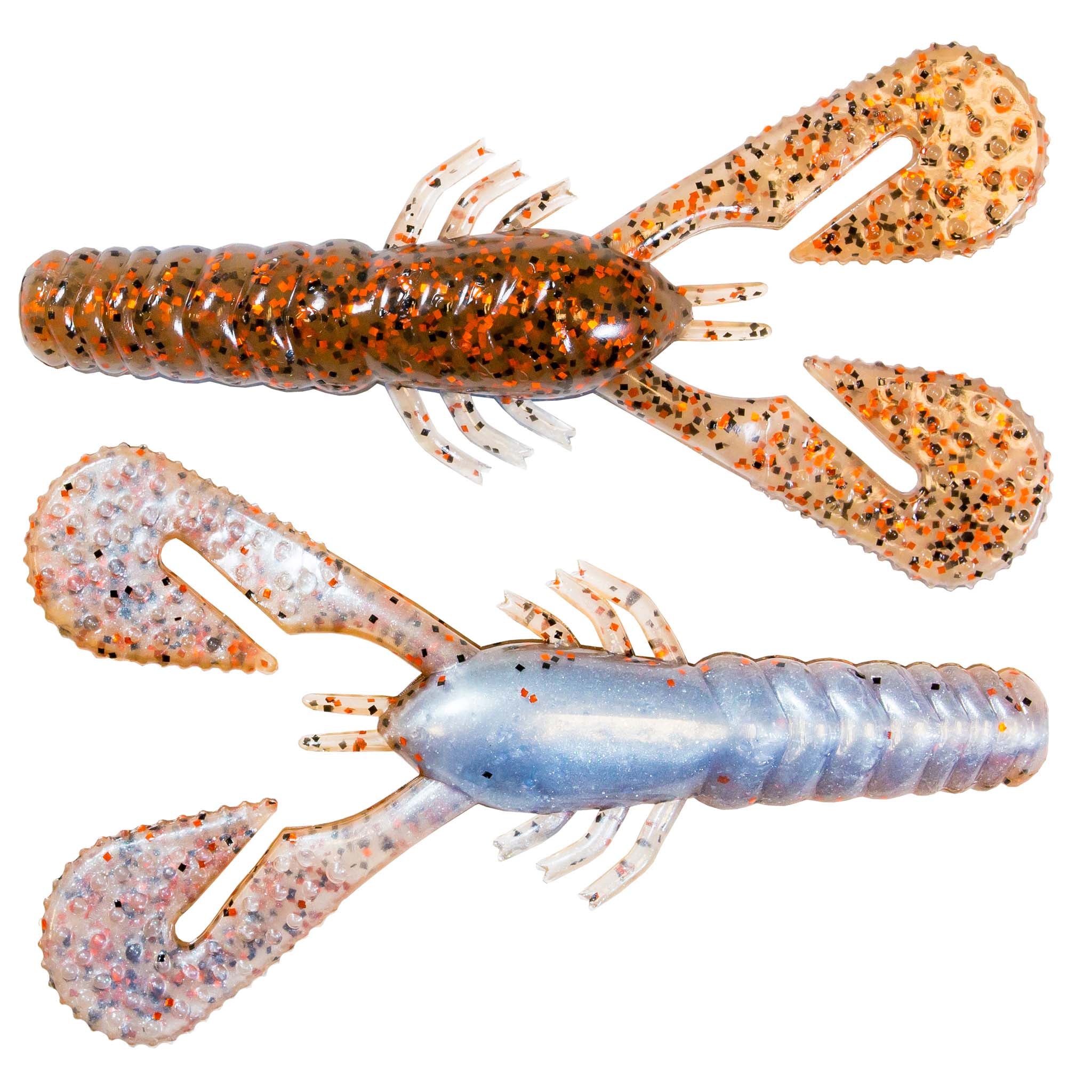 Speckled orange-brown soft plastic craw lure with claws and curled tail