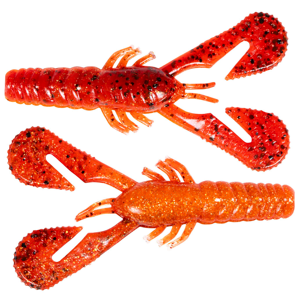 Red speckled soft plastic craw lure with articulated claws and ribbed body