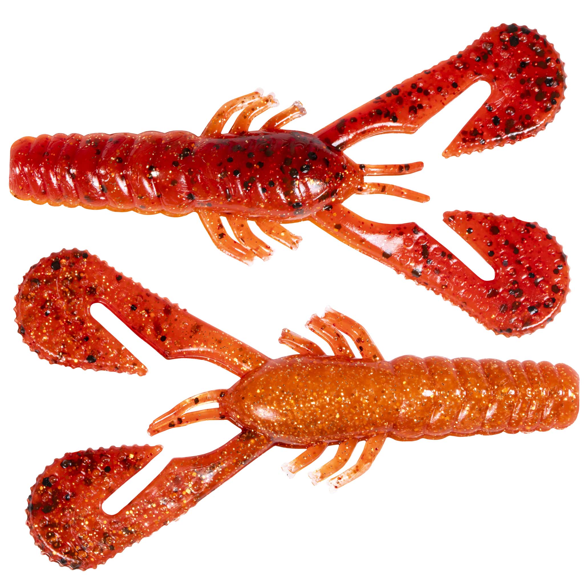 Red speckled soft plastic craw lure with articulated claws and ribbed body