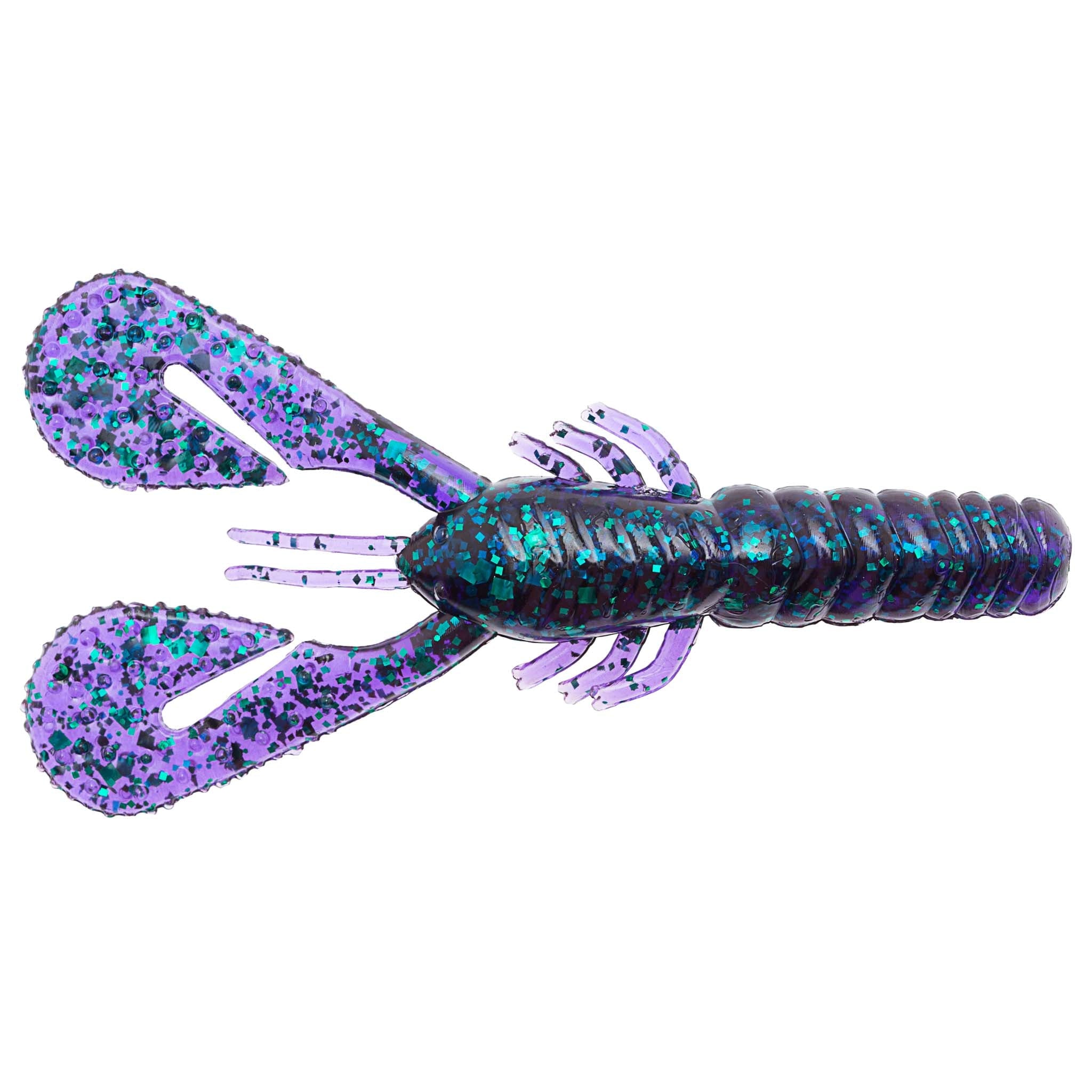 Glitter purple-blue soft plastic craw lure with flared claws and ribbed tail
