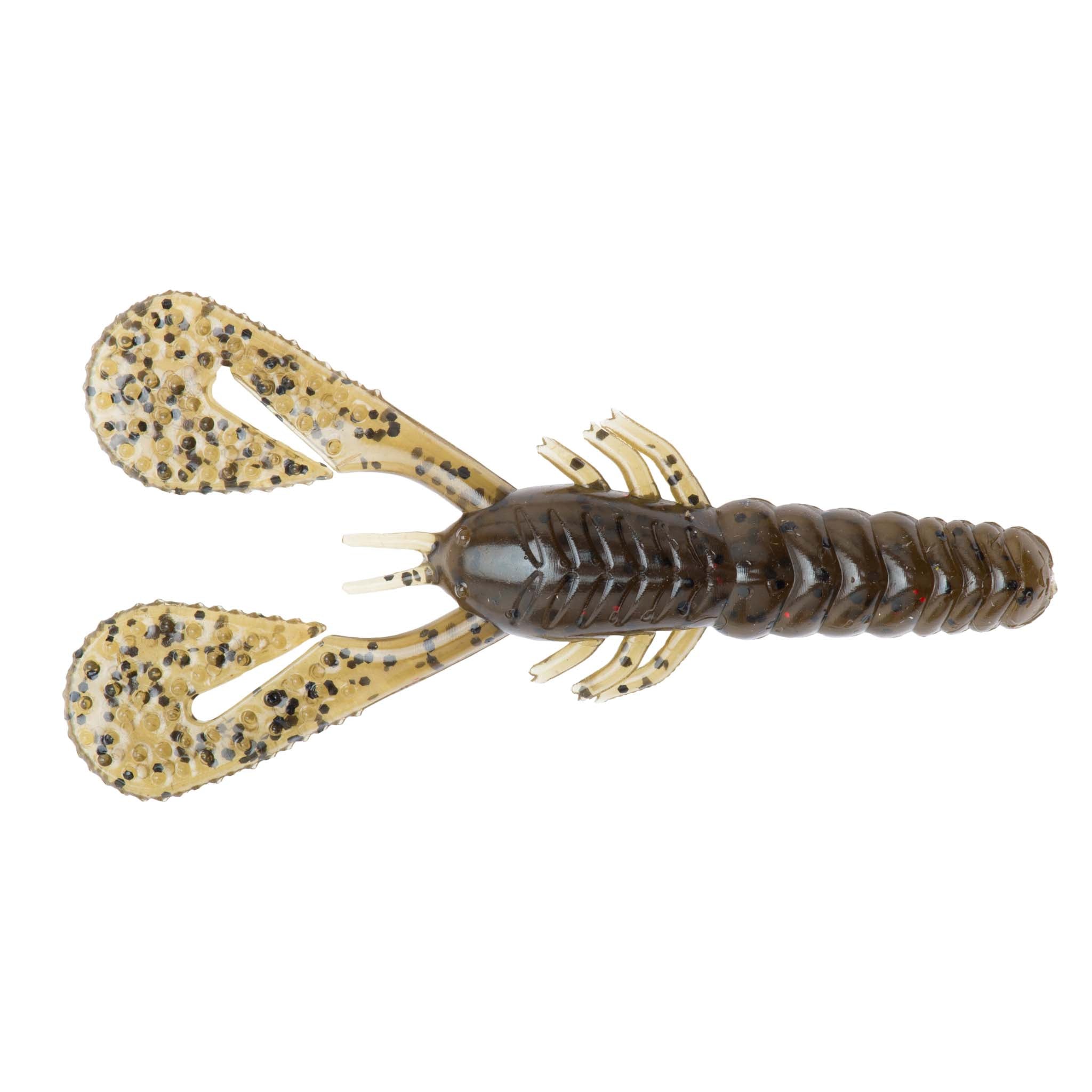 Darker brown speckled soft plastic craw lure with spread claws and ribbed body