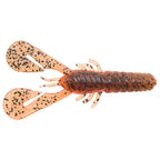 Orange-brown speckled soft plastic craw lure with large claws and curled tail