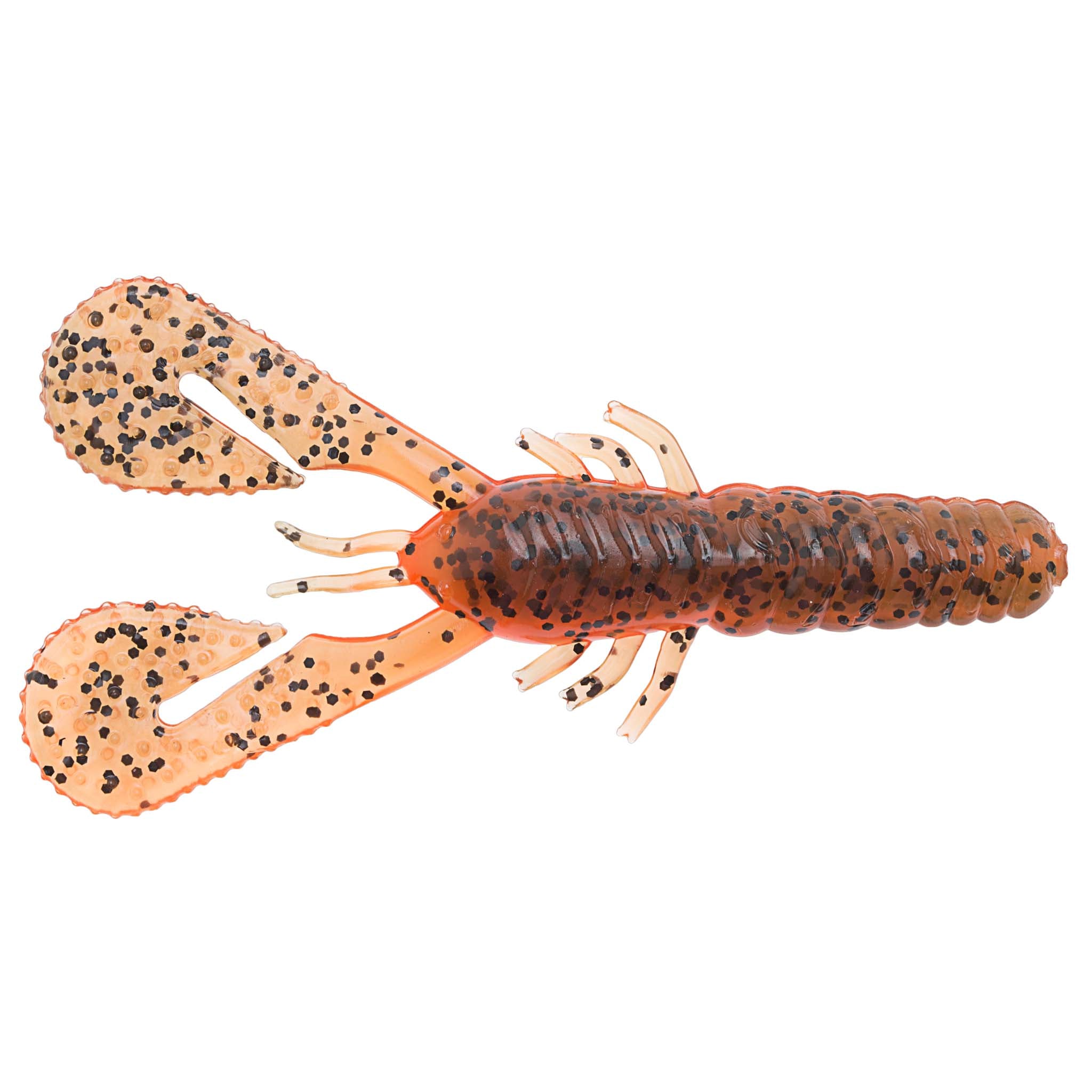 Orange-brown speckled soft plastic craw lure with large claws and curled tail