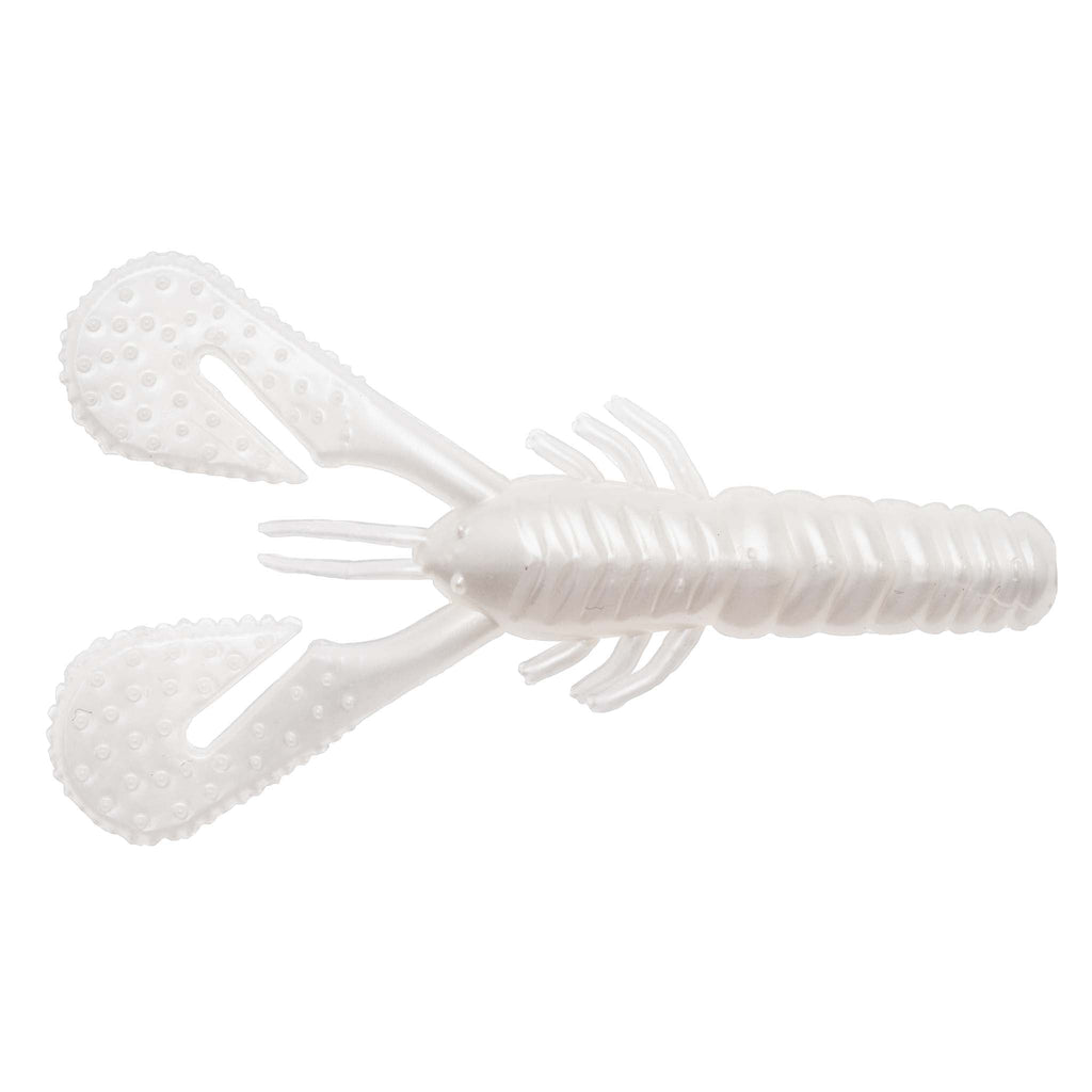 White translucent soft plastic craw lure with flared claws and ribbed tail