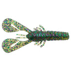 Purple-green glitter soft plastic craw lure with big claws and curled ribbed body