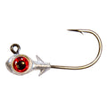Red-eyed fishing jighead with silver lead head and gold hook