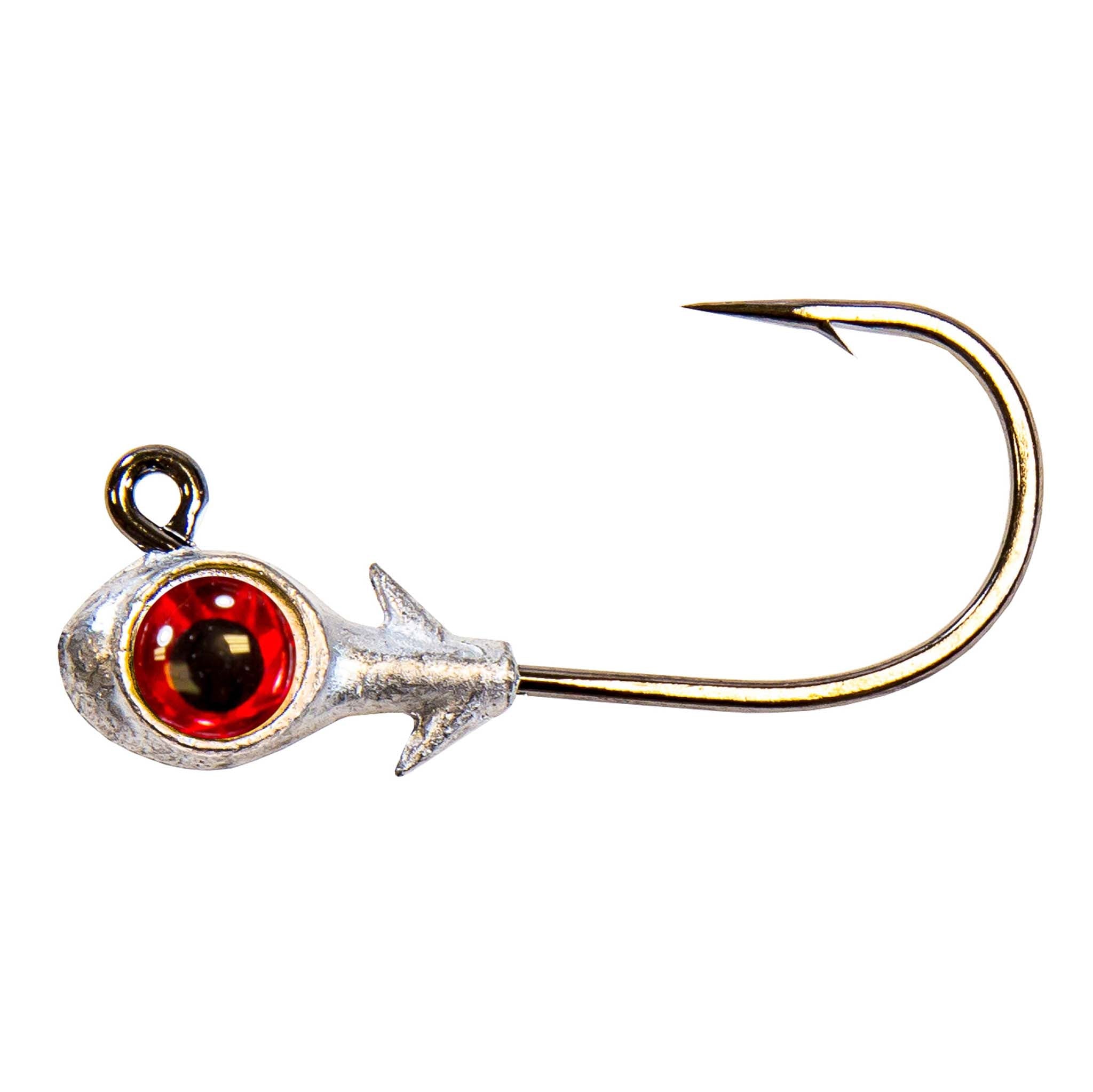 Red-eyed fishing jighead with silver lead head and gold hook