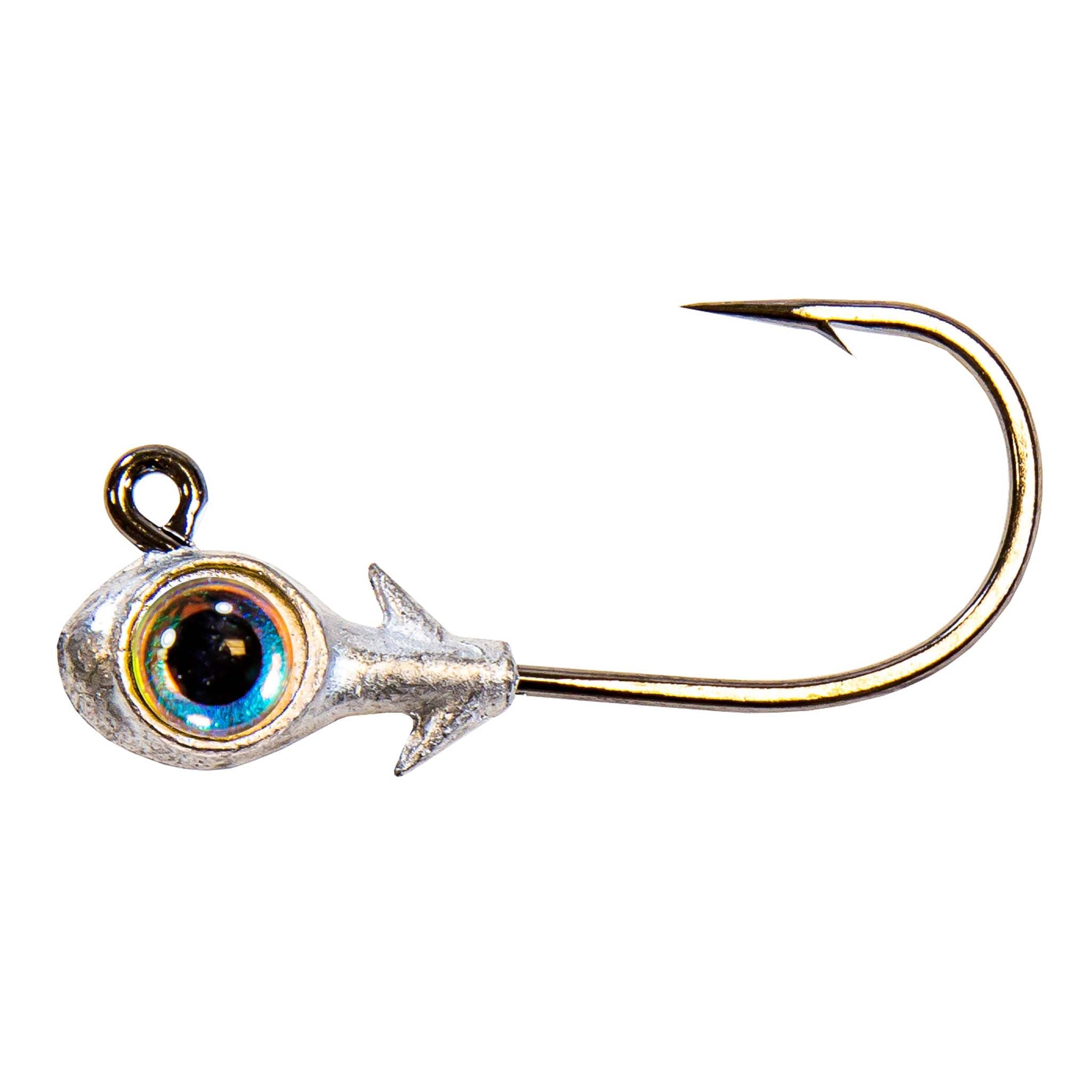 Blue-eyed fishing jighead with silver lead head and gold hook