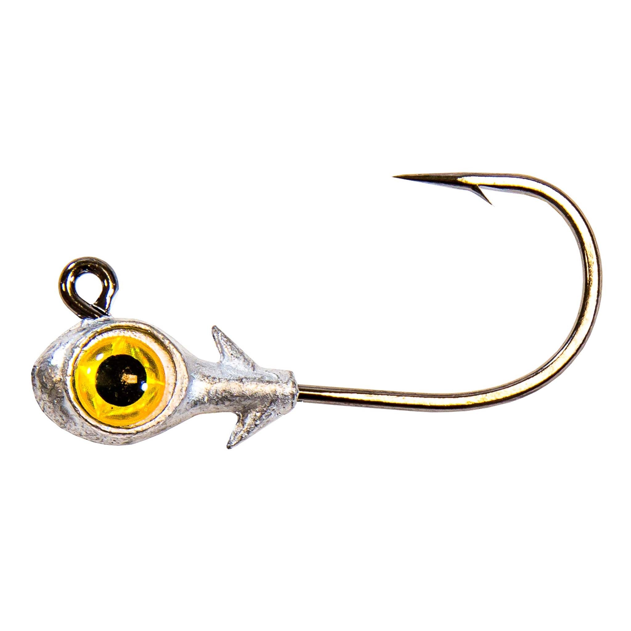 Gold-eyed fishing jighead with silver lead head and gold hook
