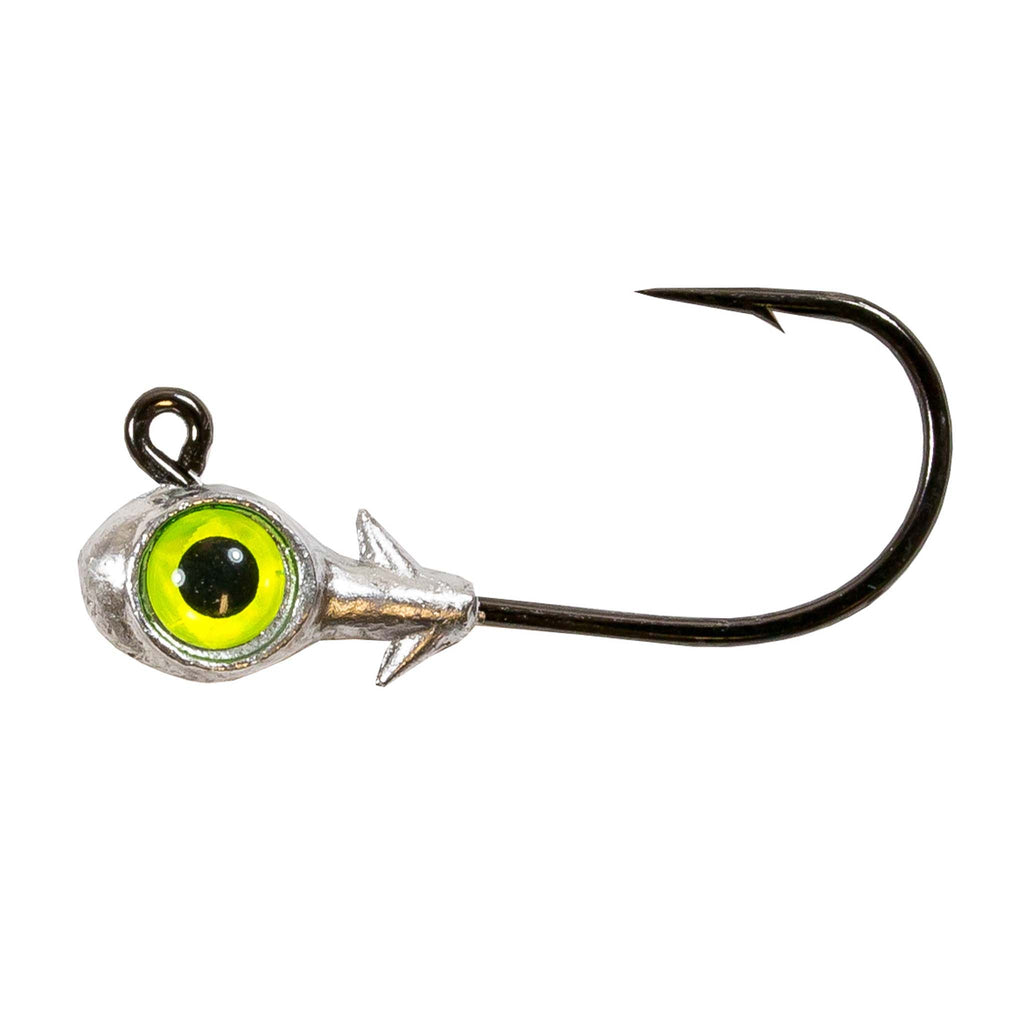 Chartreuse green-eyed fishing jighead with silver lead head and black hook