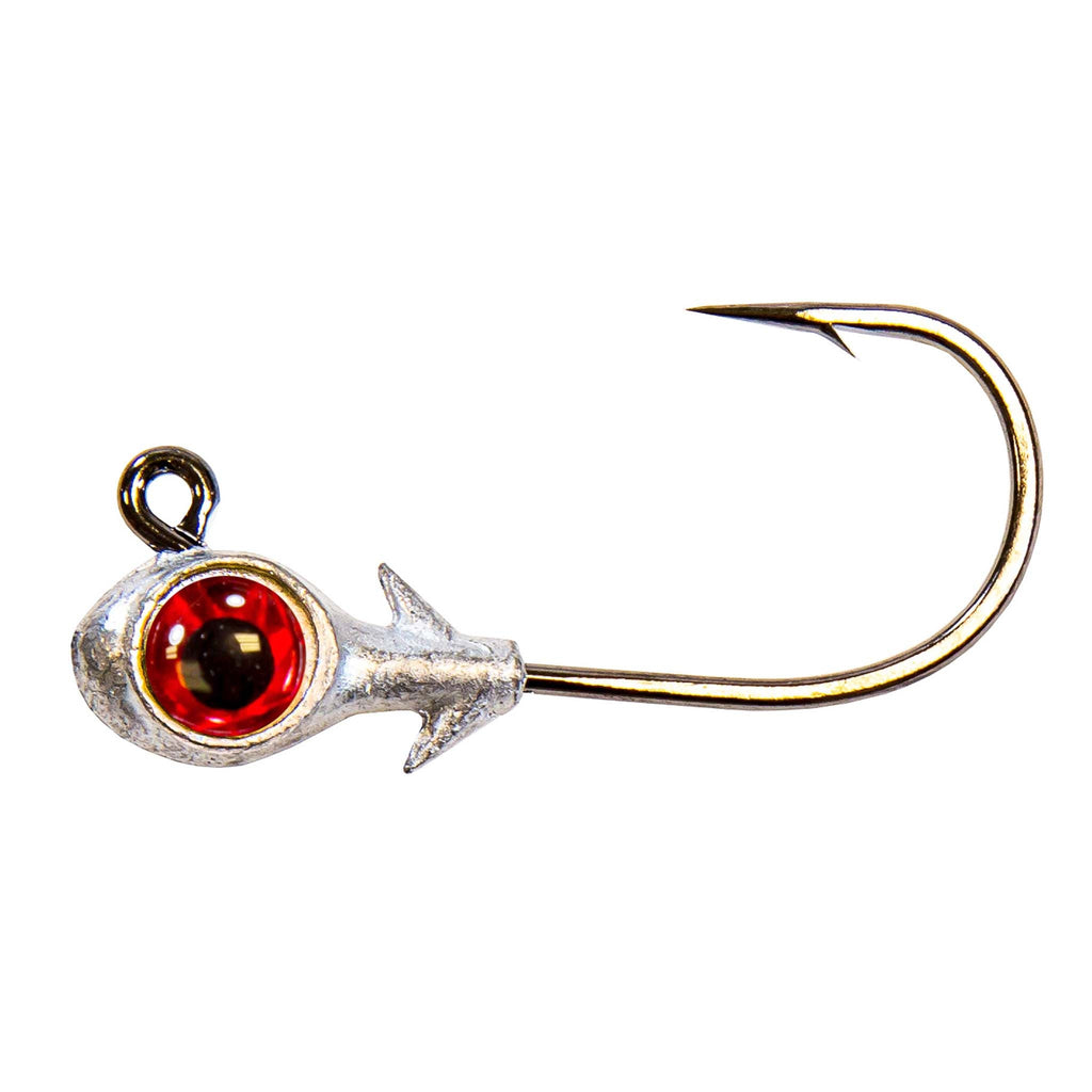 Red-eyed fishing jighead with silver lead head and gold hook