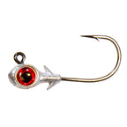 Red-eyed fishing jighead with silver lead head and gold hook