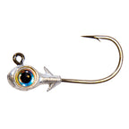 Blue-eyed fishing jighead with silver lead head and gold hook