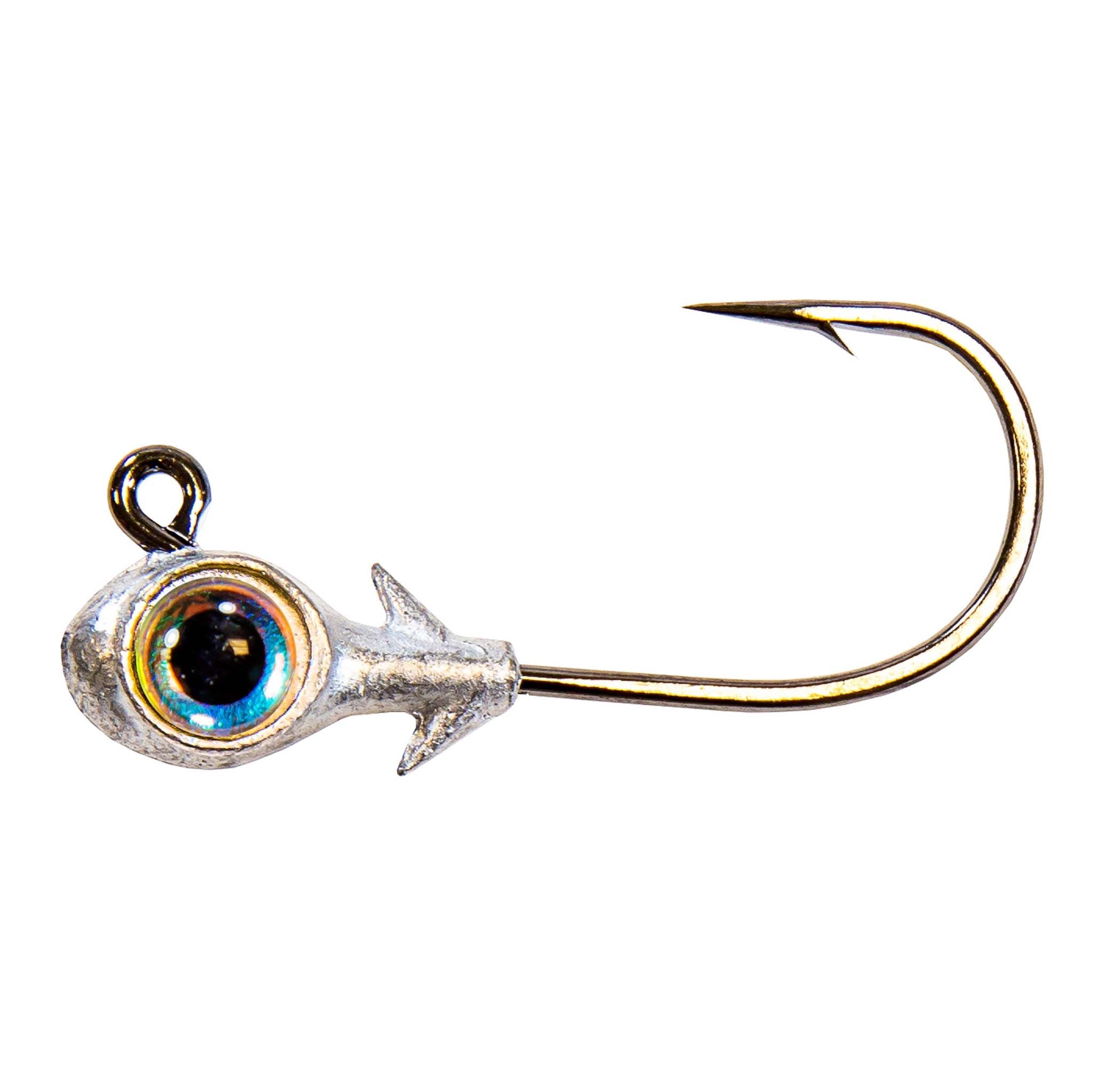 Blue-eyed fishing jighead with silver lead head and gold hook