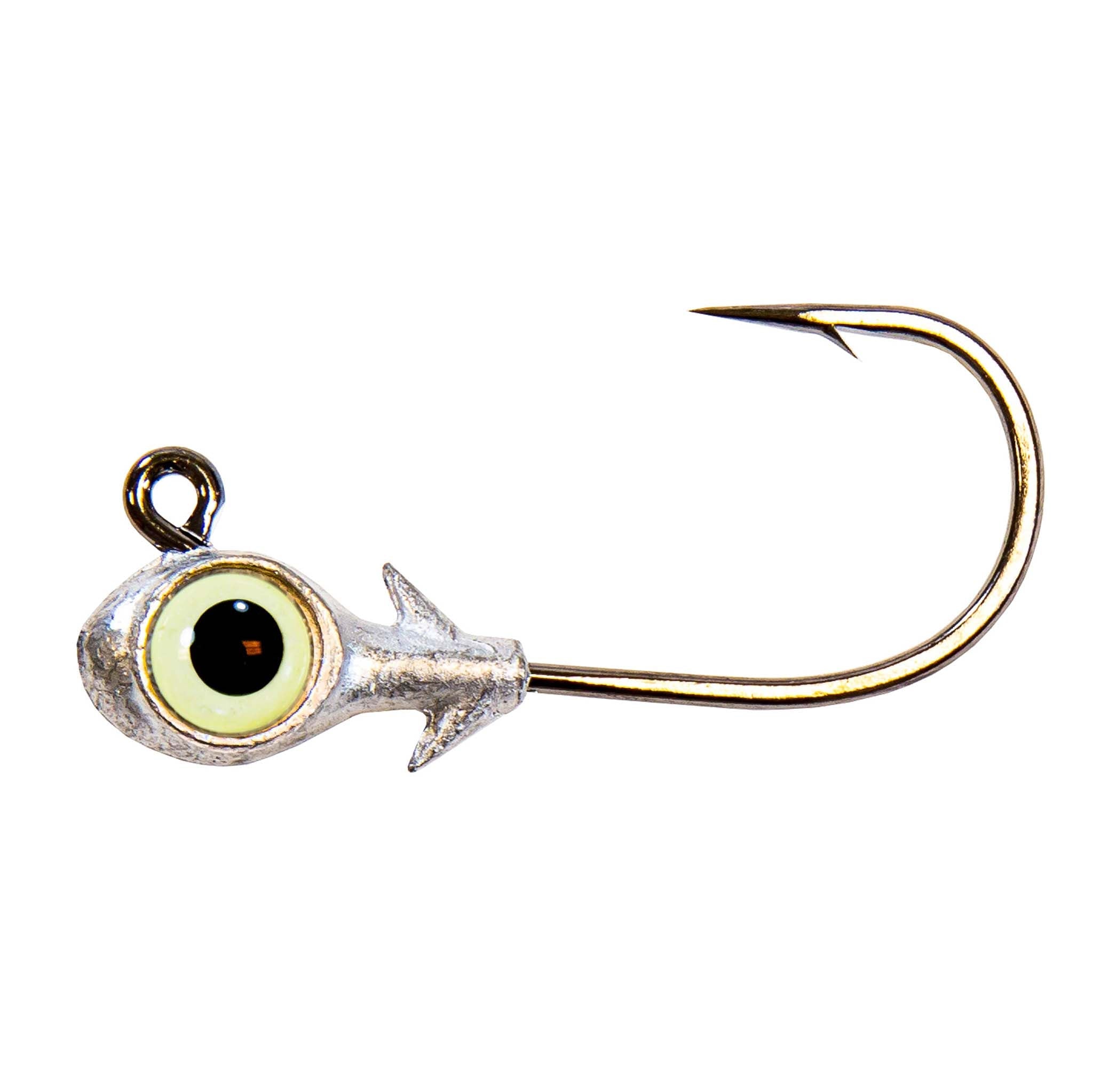 Pearl-eyed fishing jighead with silver lead head and gold hook