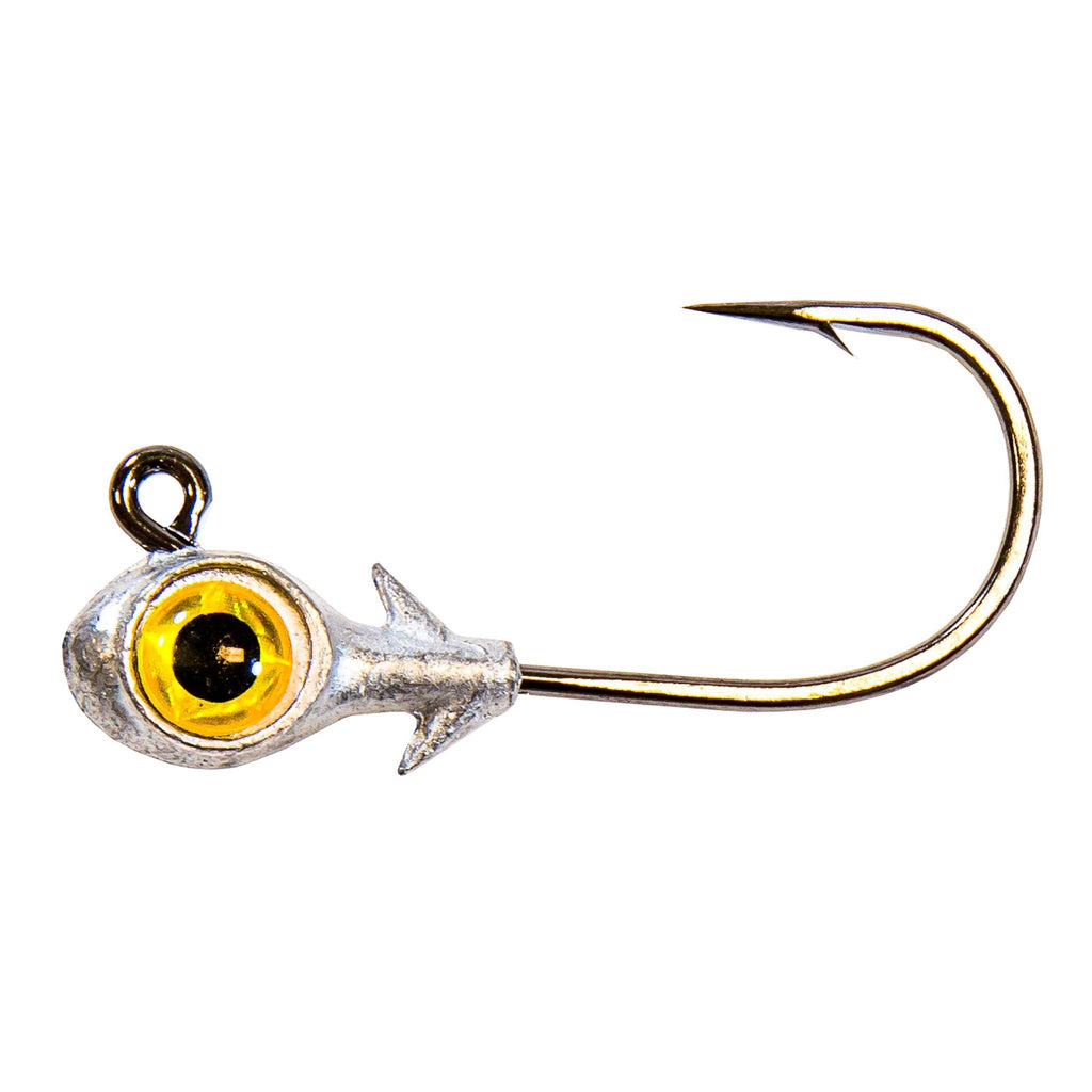 Gold-eyed fishing jighead with silver lead head and gold hook