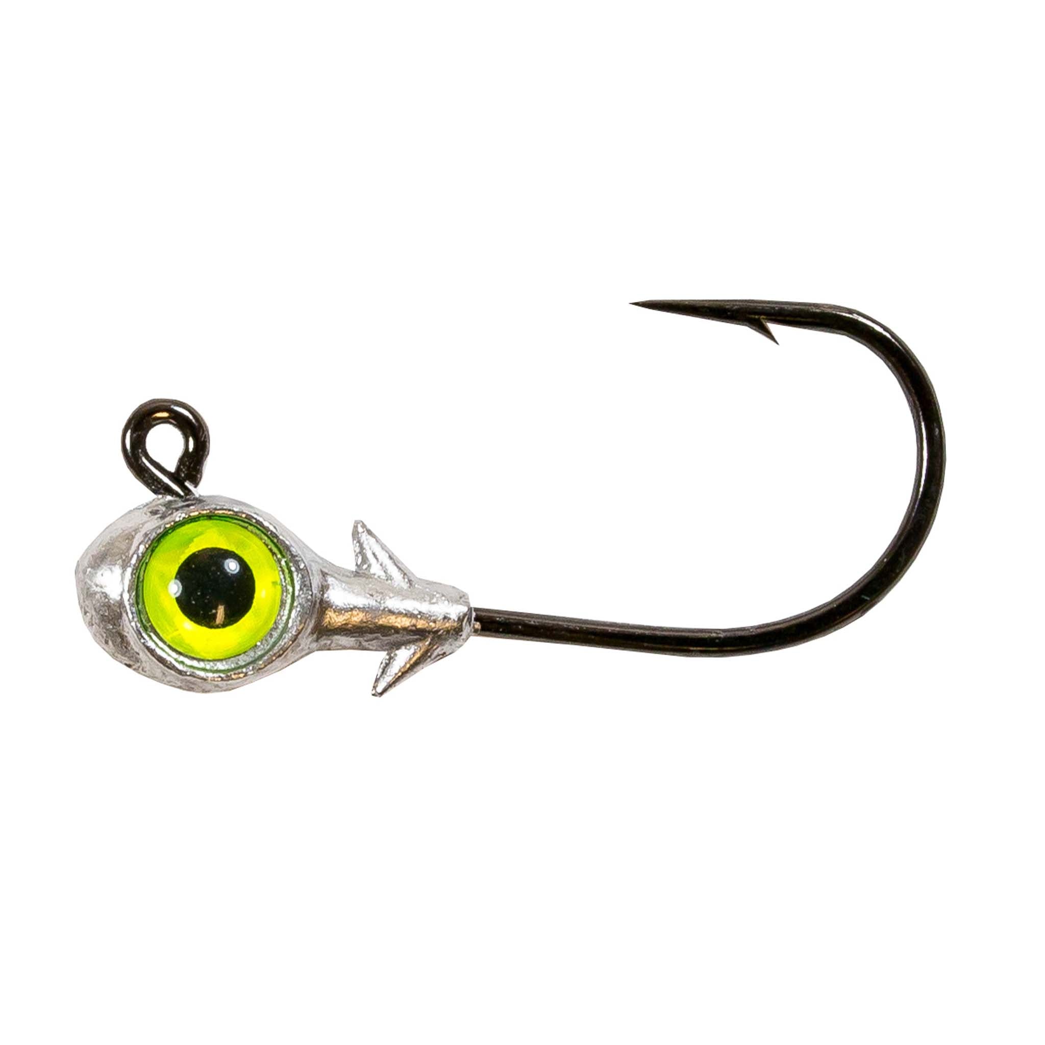 Chartreuse green-eyed fishing jighead with silver lead head and black hook