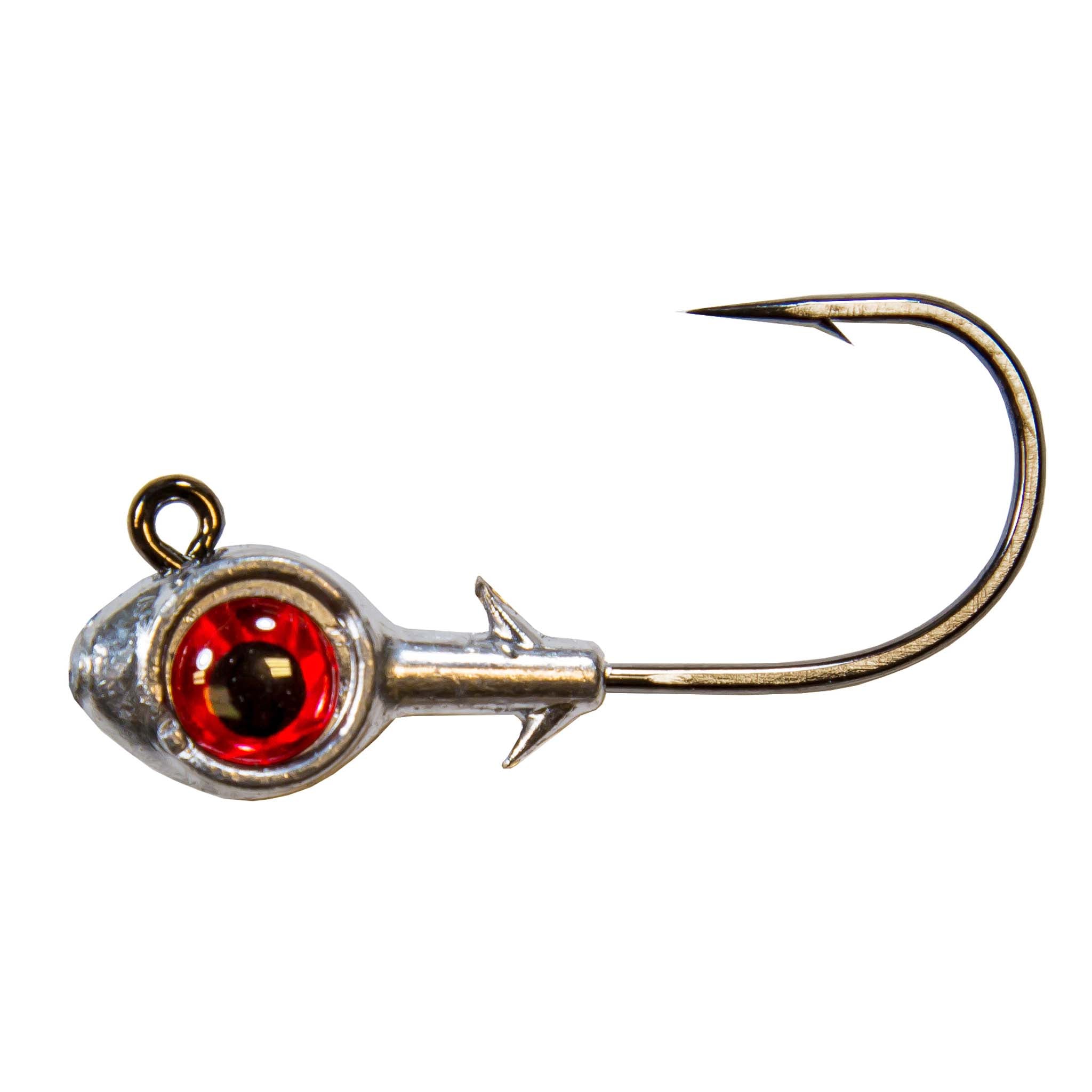 Trout eye jighead with red glass eye, silver head, and single curved hook
