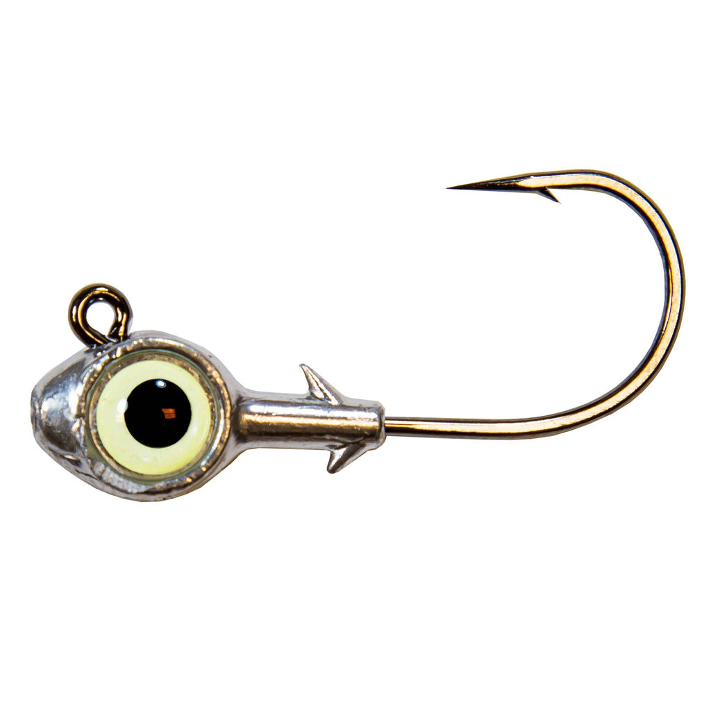 Trout eye jighead with white glass eye, silver head, and single curved hook