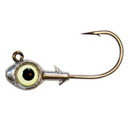 Trout eye jighead with white glass eye, silver head, and single curved hook