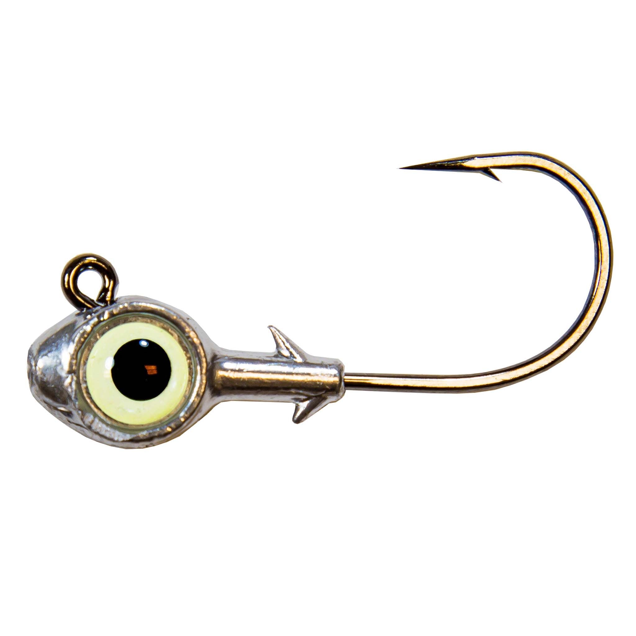 Trout eye jighead with white glass eye, silver head, and single curved hook