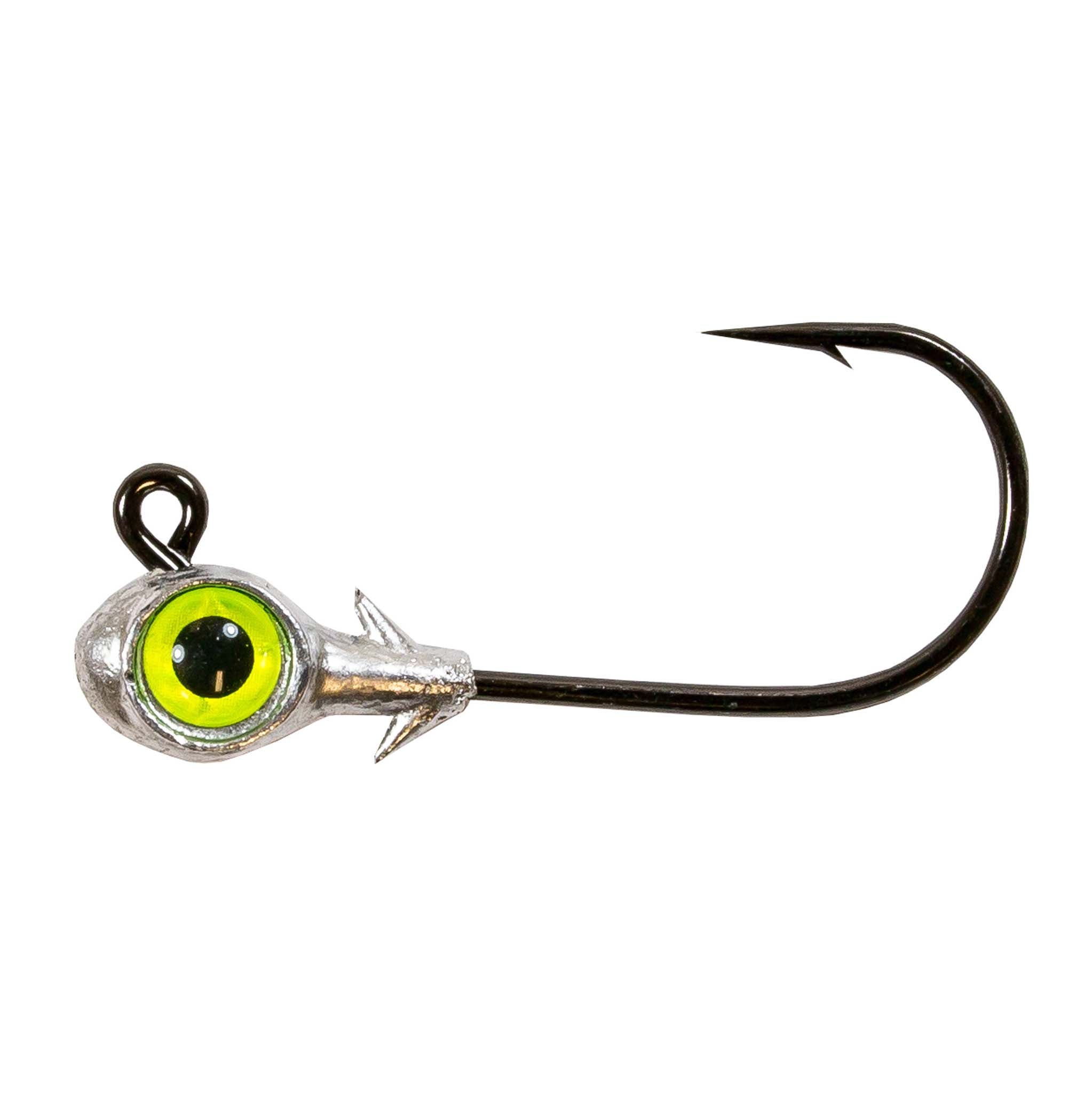 Trout eye jighead with chartreuse green glass eye, silver head, and single curved hook