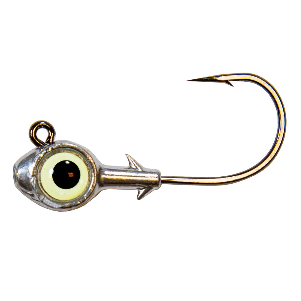 Trout eye jighead with white glass eye and silver head, single hook angled right