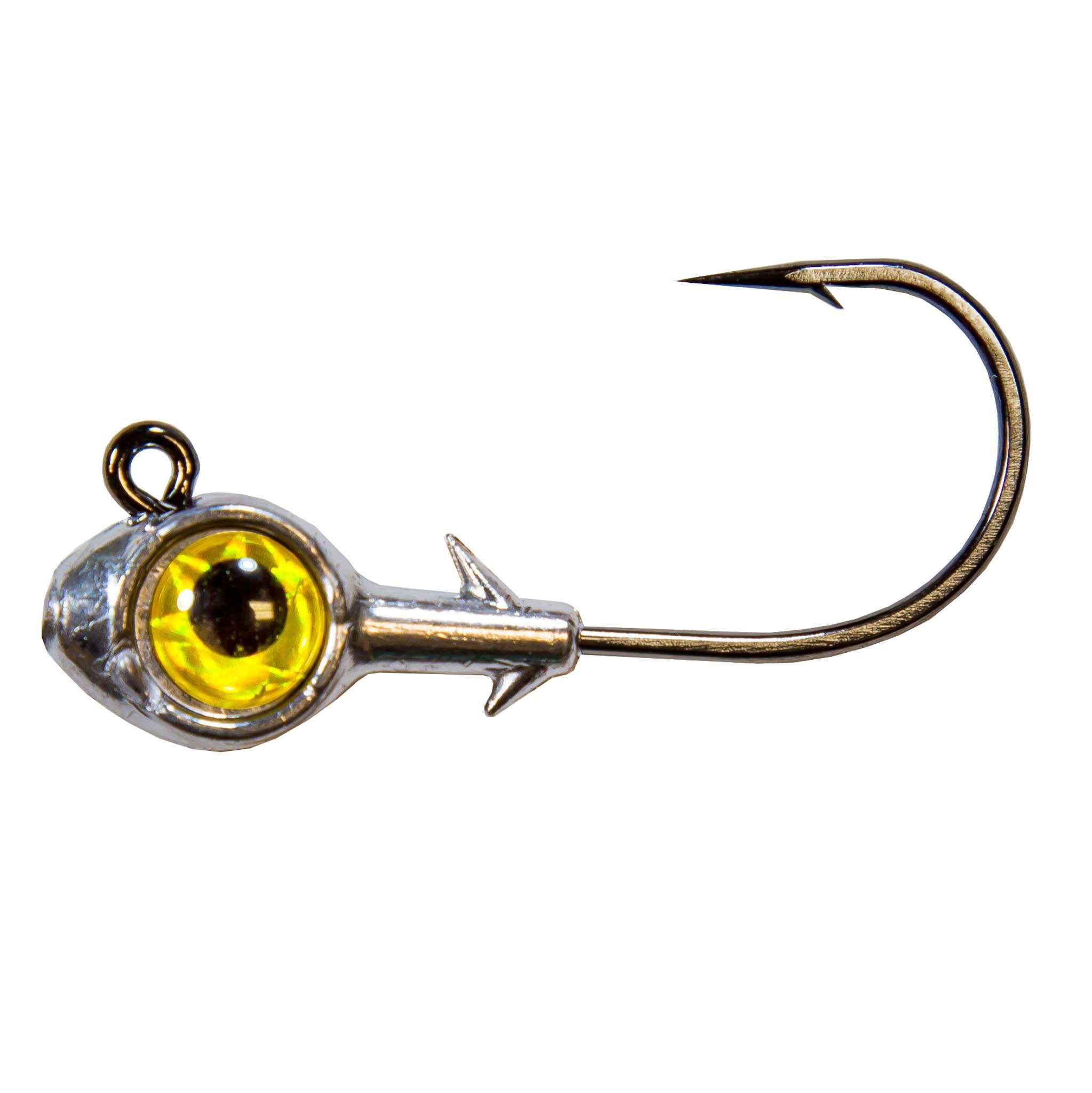 Trout eye jighead with yellow glass eye and silver head, single hook angled right