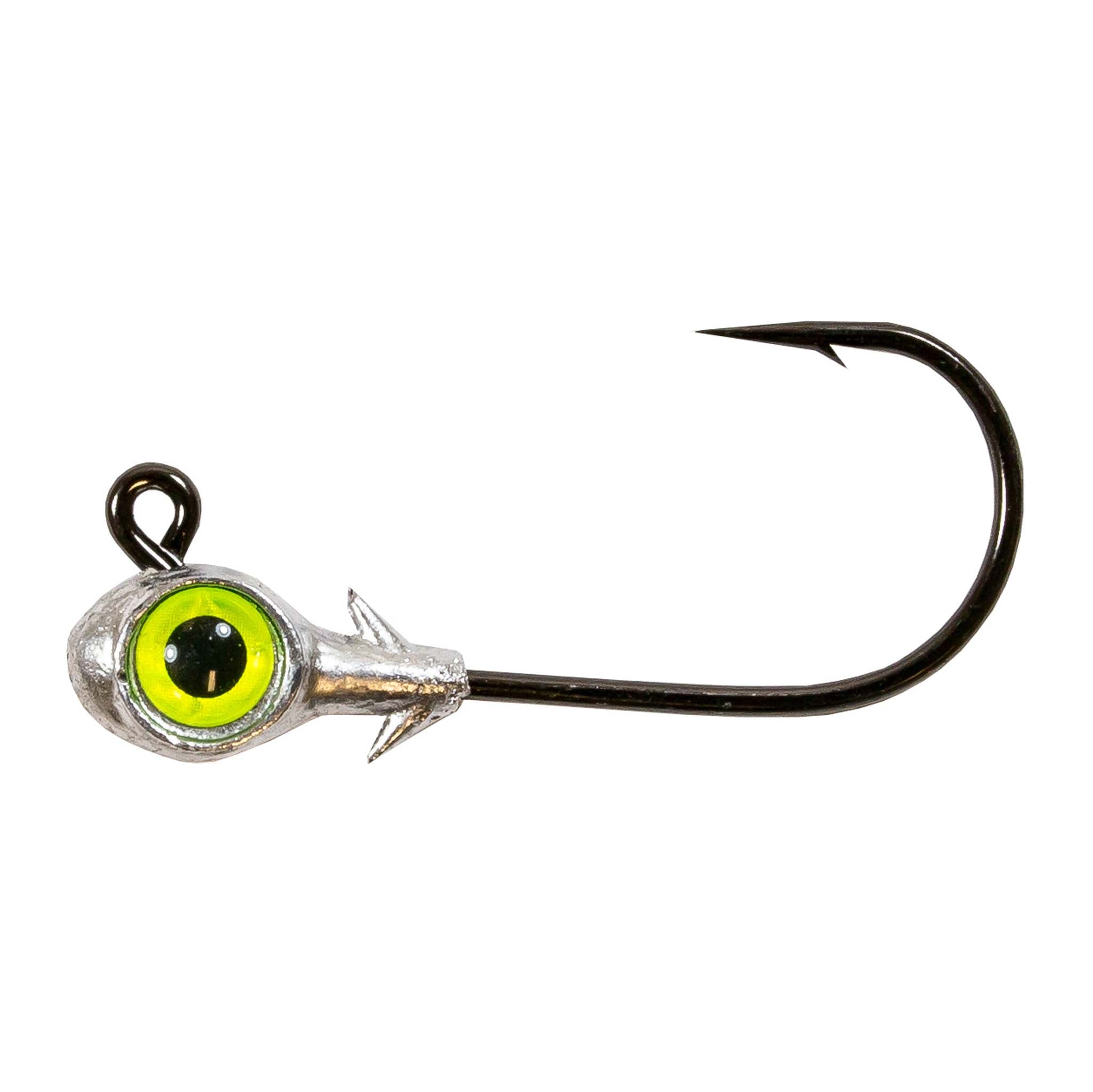 Trout eye jighead with chartreuse green glass eye and silver head, single hook angled right